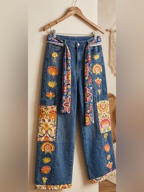 Floral Wide Leg Denim Upcycled Jeans OOAK Couture RARE